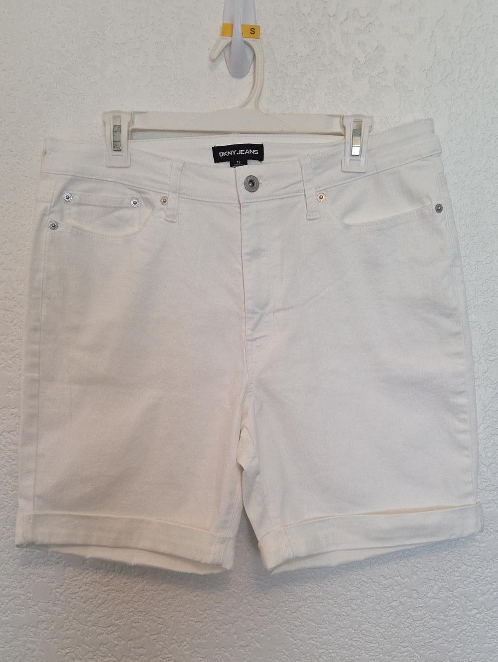 DKNY White High-Rise Denim Shorts With Rolled Cuffs, Size 12